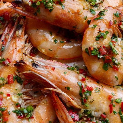 Grilled Prawns with Garlic, Parsley, Chilli and Caramelised Lemons