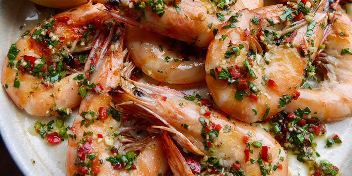 Grilled Prawns with Garlic, Parsley, Chilli and Caramelised Lemons