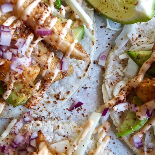 Fish Tacos with Avocado and Sriracha Mayo