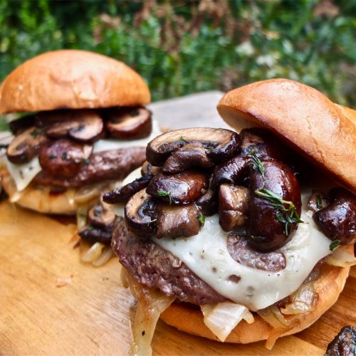 Garlic Mushroom Beef Burger with Caramelised Onions and Thyme