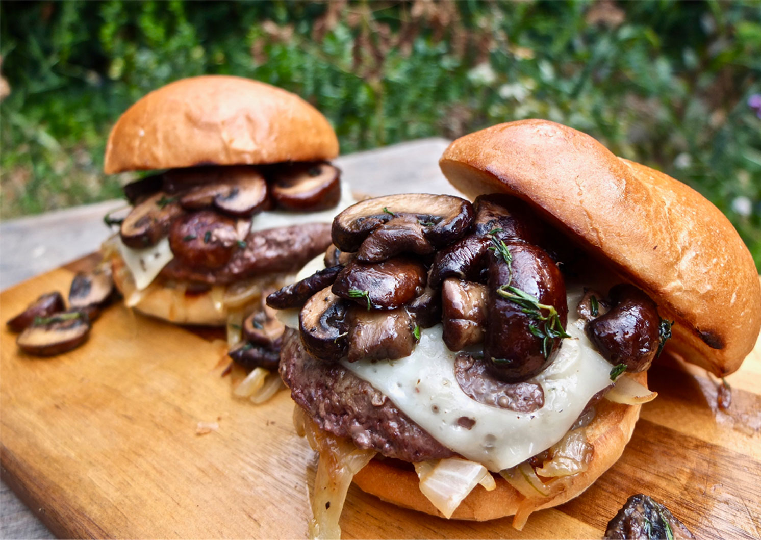 Garlic Mushroom Beef Burger with Caramelised Onions and Thyme