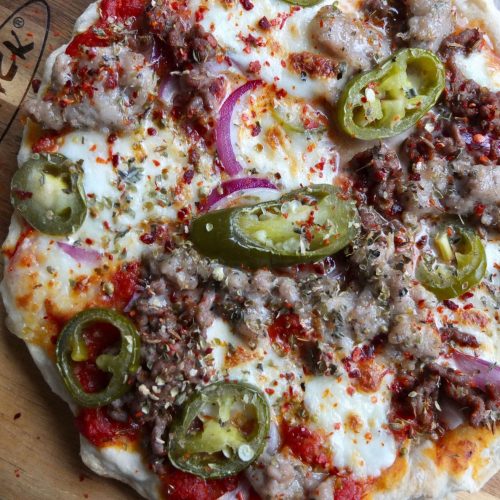 Spiced Beef, Sausage and Jalapeno Pizza