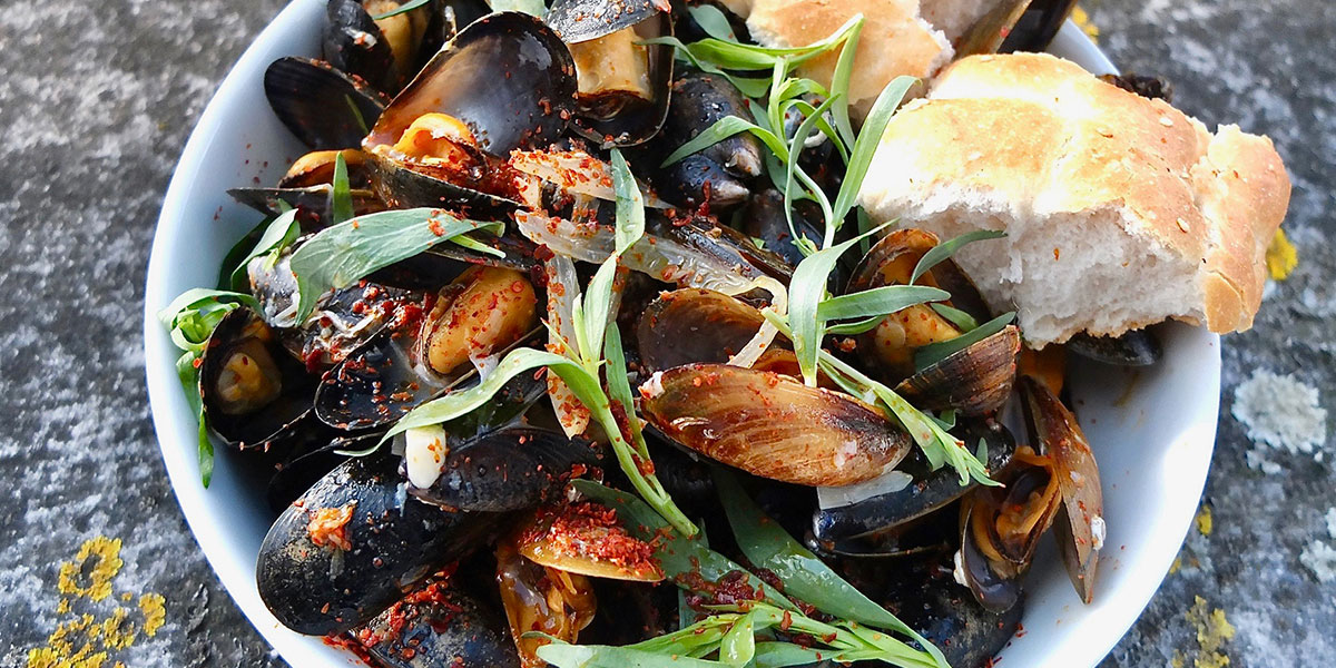 Barbecued mussels with anise and Turkish chilli