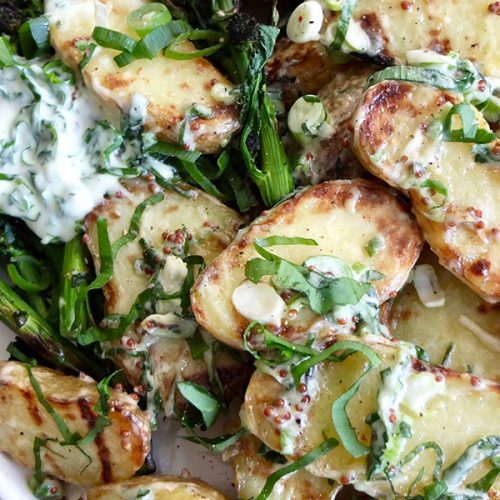 Grilled purple sprouting broccoli and new potato salad with wild garlic mayonnaise