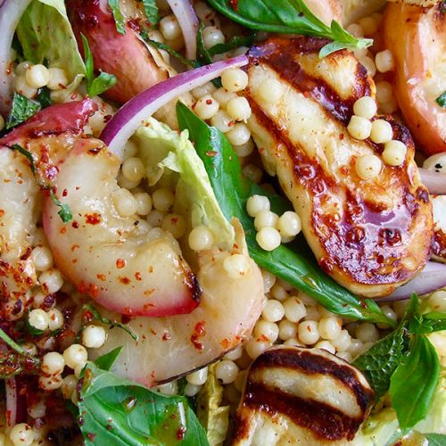 Halloumi Peach Salad with Spicy Honey Dressing