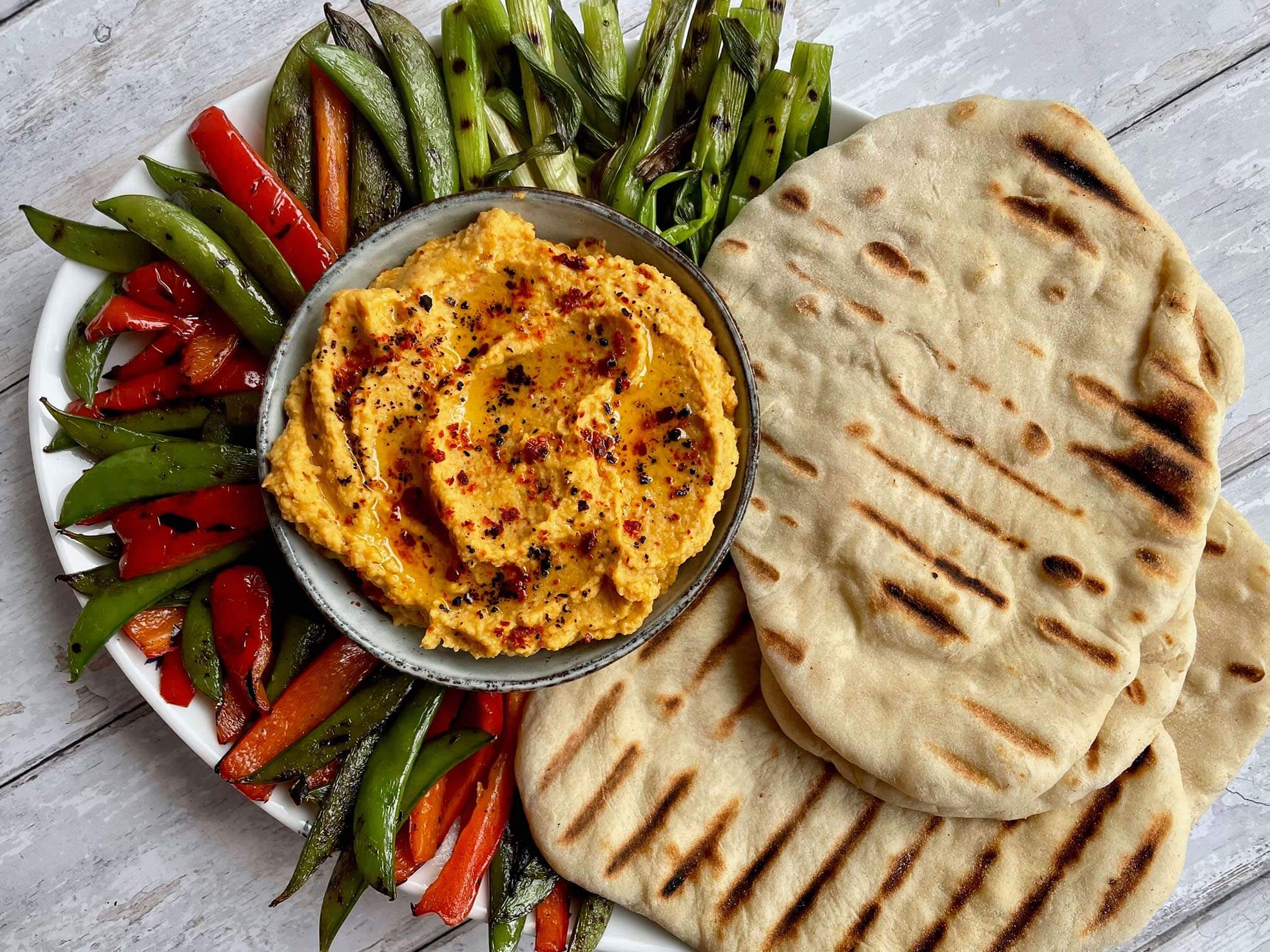 Vegetable Platter with Grilled Carrot and Chickpea Dip