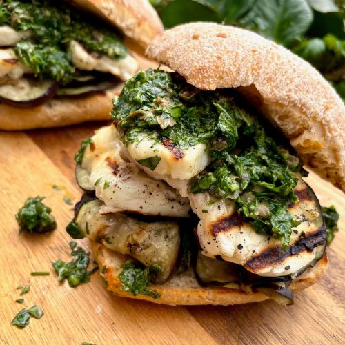 Aubergine, Halloumi and Green Sauce Sandwich