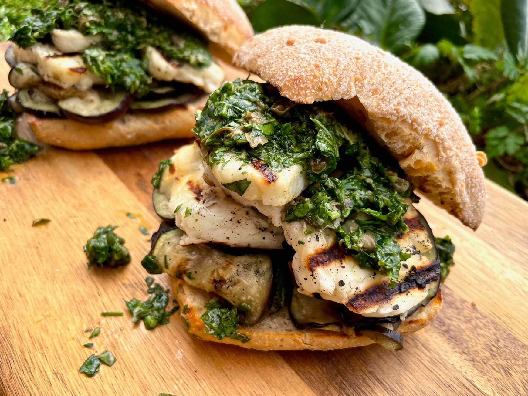 Aubergine, Halloumi and Green Sauce Sandwich