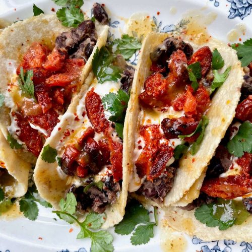 Chorizo with Black Beans and Garlic Sour Cream