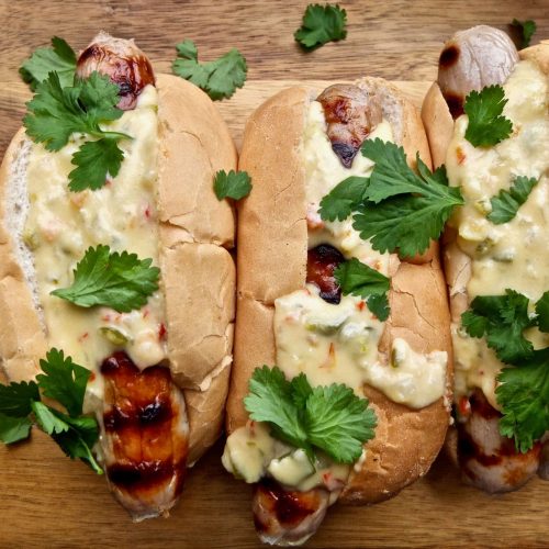 Hot Dogs with Pimento Queso Sauce