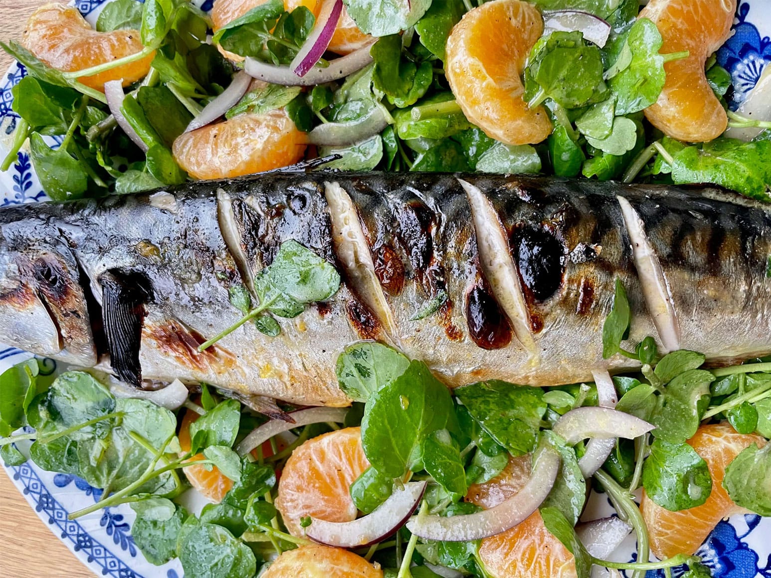 Grilled Mackerel with Clementine and Watercress Salad