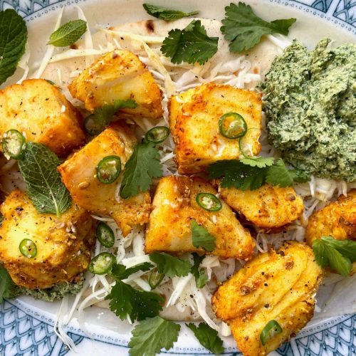 Monkfish Kebabs with Coriander, Mint and Walnut Chutney