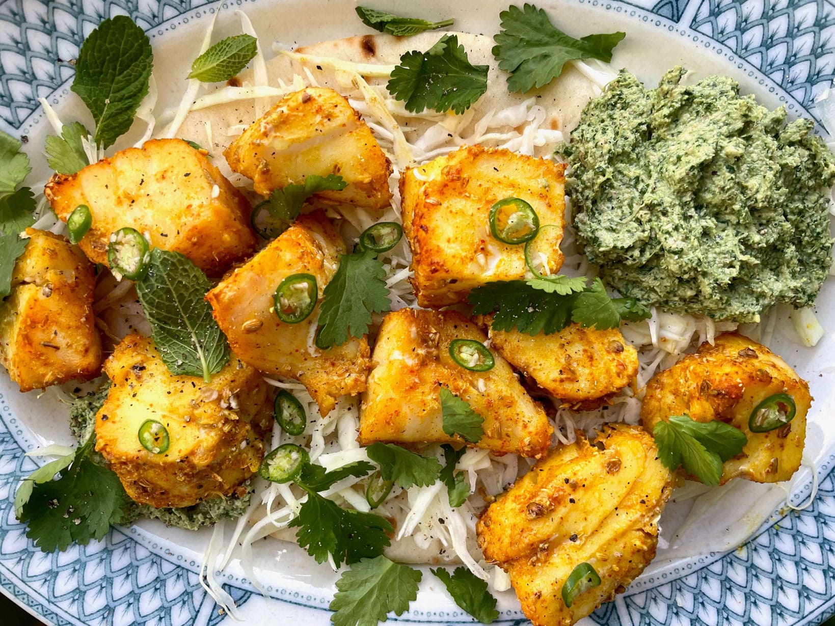 Monkfish Kebabs with Coriander, Mint and Walnut Chutney