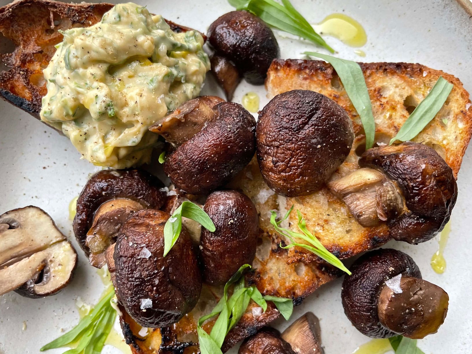 Grilled Mushrooms with Charred Sourdough and Tarragon Aioli