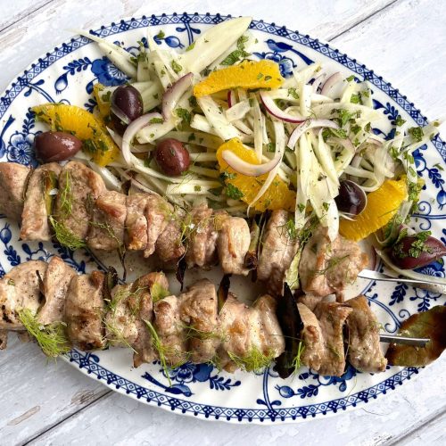 Pork Fillet and Bay Leaf Skewers with Fennel, Orange and Black Olive Salad