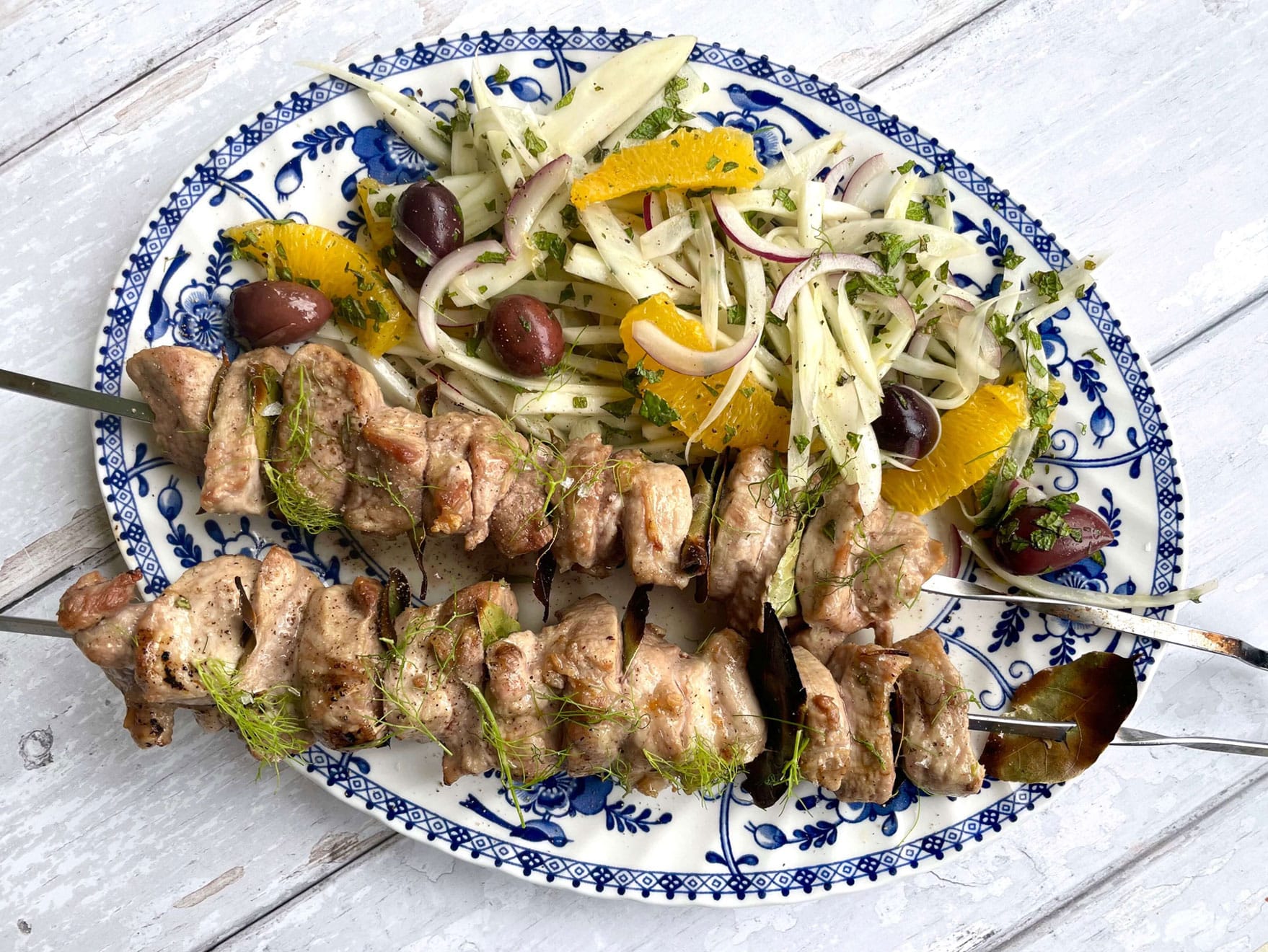 Pork Fillet and Bay Leaf Skewers with Fennel, Orange and Black Olive Salad