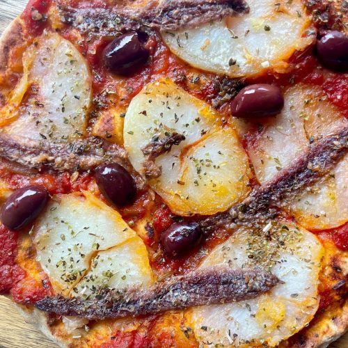 Potato Pizza with Anchovies and Kalamata Olives