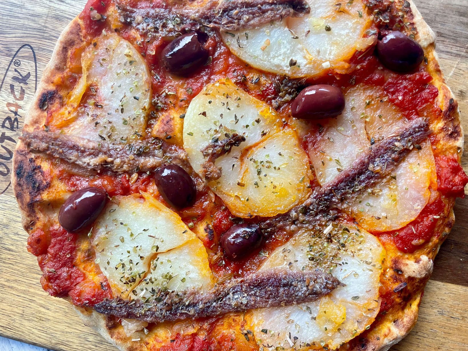 Potato Pizza with Anchovies and Kalamata Olives