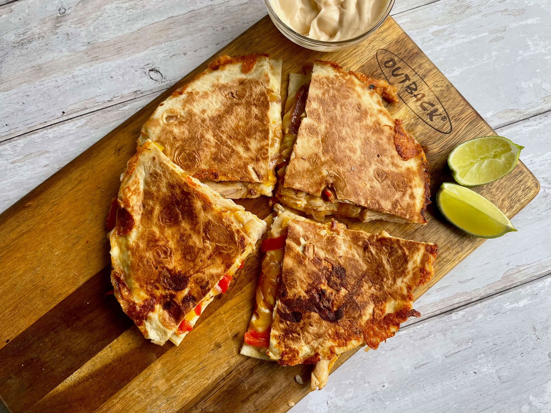 Chicken, Corn and Pepper Quesadilla with Sriracha Mayonnaise