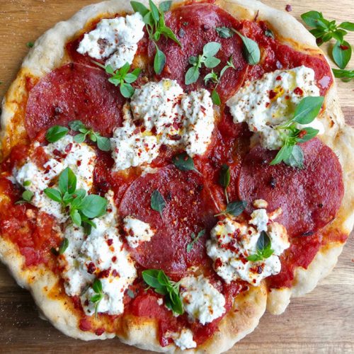 Salami, Ricotta and Basil Pizza