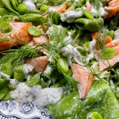 Grilled Salmon and Broad Bean Salad with Buttermilk Dill Dressing