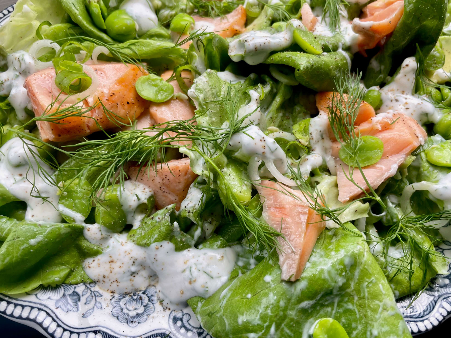 Grilled Salmon and Broad Bean Salad with Buttermilk Dill Dressing