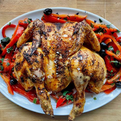 Spatchcock Chicken with Charred Peppers, Mint and Olives