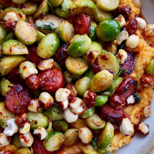 Brussels Sprouts with Chorizo and Honey, Hazelnut and Chilli Dressing