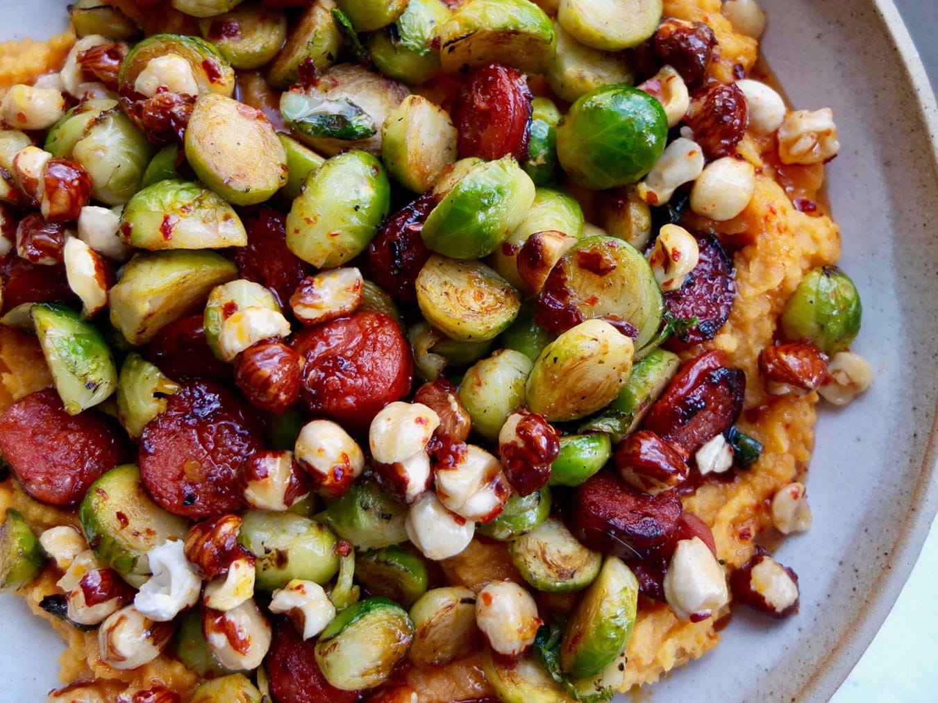 Brussels Sprouts with Chorizo and Honey, Hazelnut and Chilli Dressing
