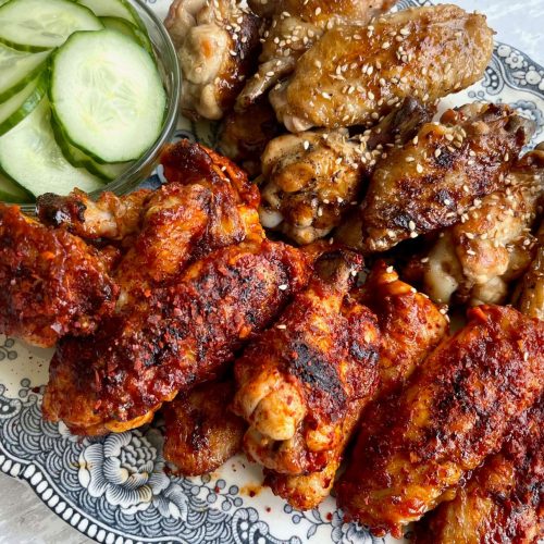 Spicy and Sweet Wings with Pickled Cucumbers