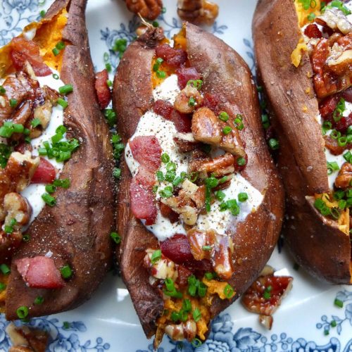 BBQ Sweet Potatoes with Sour Cream, Bacon and Caramelised Pecans