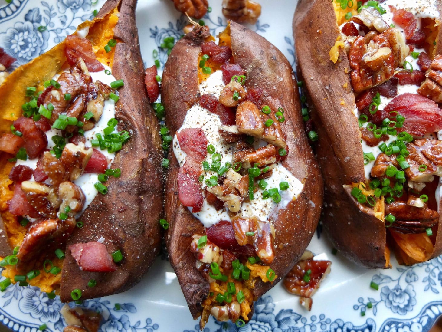 BBQ Sweet Potatoes with Sour Cream, Bacon and Caramelised Pecans