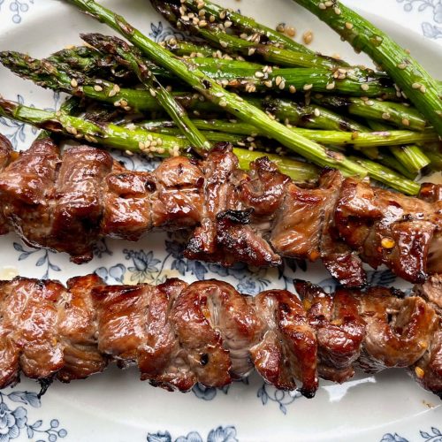 Teriyaki Beef Skewers with Grilled Asparagus and Sesame Dressing