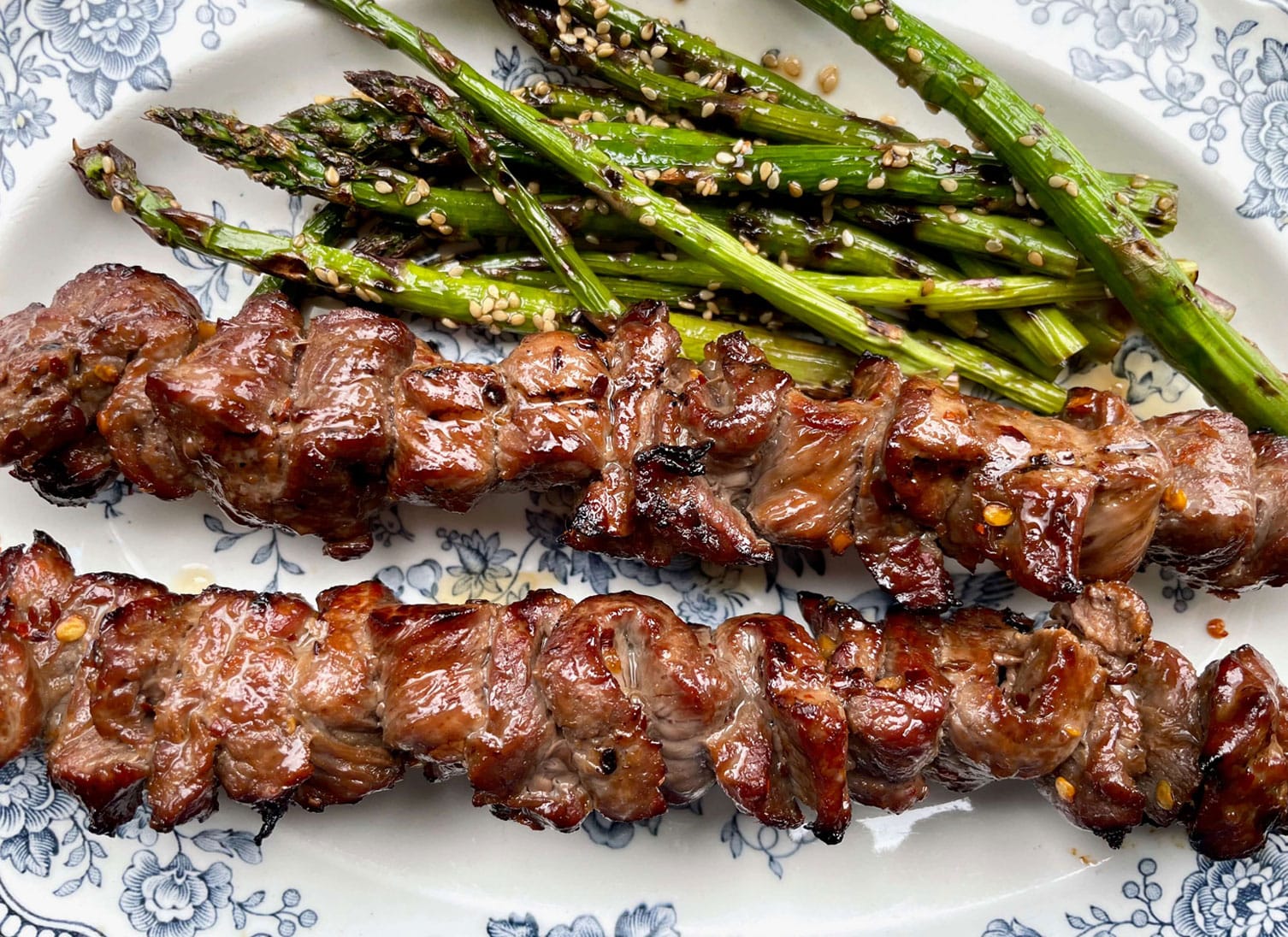 Teriyaki Beef Skewers with Grilled Asparagus and Sesame Dressing