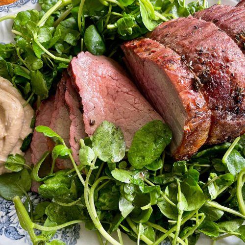 Roast Topside of Beef with Watercress Salad and Anchovy Aioli