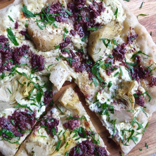 Garlic Creme Fraiche, Artichoke and Olive Tapenade Pizza