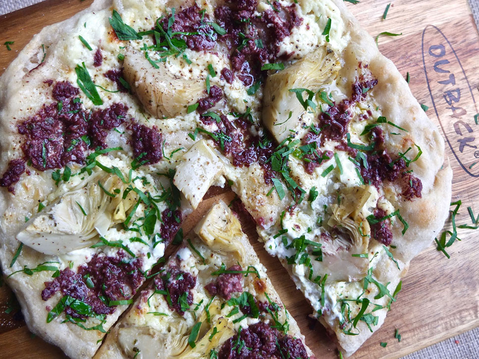 Garlic Creme Fraiche, Artichoke and Olive Tapenade Pizza