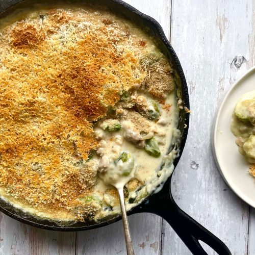 Creamy Brussels Sprout and Sausage Gratin