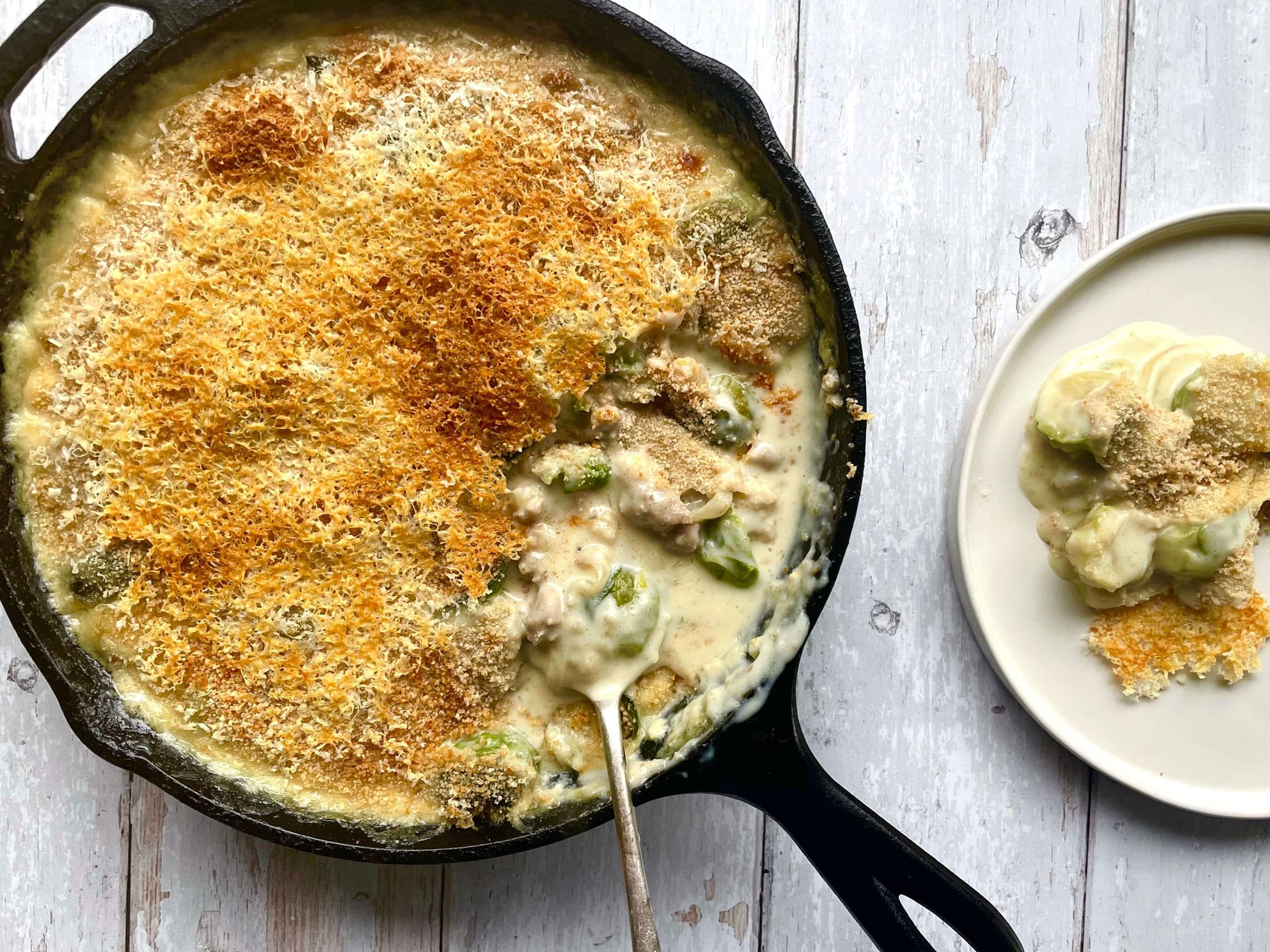 Creamy Brussels Sprout and Sausage Gratin