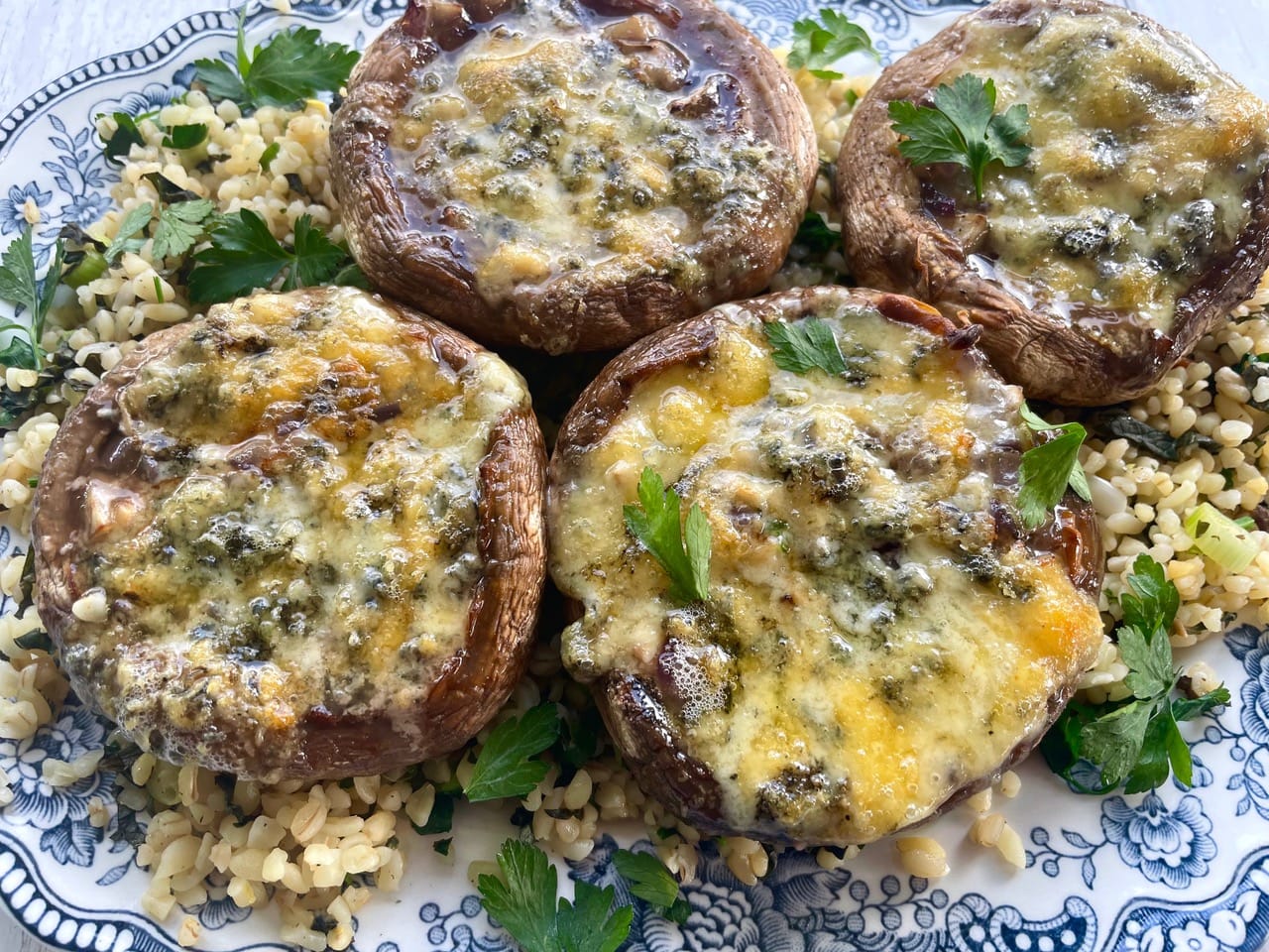 Stilton-stuffed Portobello Mushrooms with Herbed Freekeh