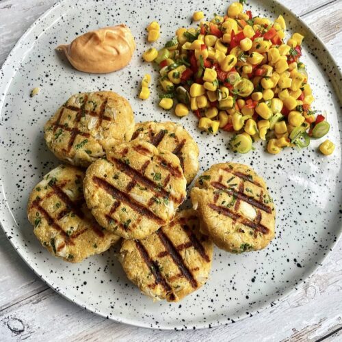 Grilled Crab Cakes with Sweetcorn Salsa and Gochujang Mayonnaise