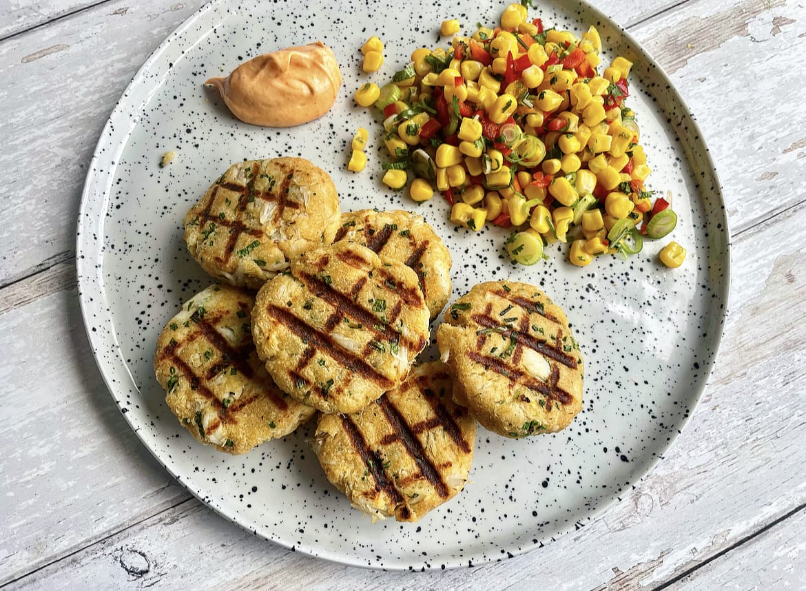 Grilled Crab Cakes with Sweetcorn Salsa and Gochujang Mayonnaise