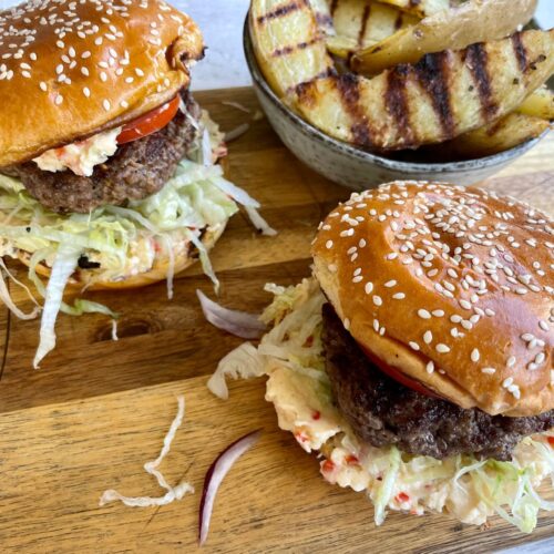 Beef Burgers with Pimento Cheese and Grilled Wedges