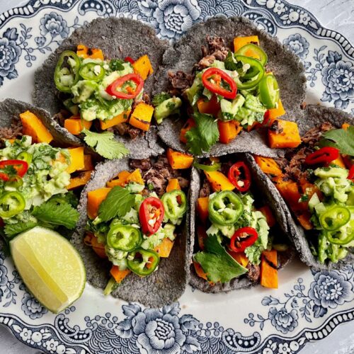 Vegan Black Bean, Charred Butternut Squash and Avocado Salsa Tacos