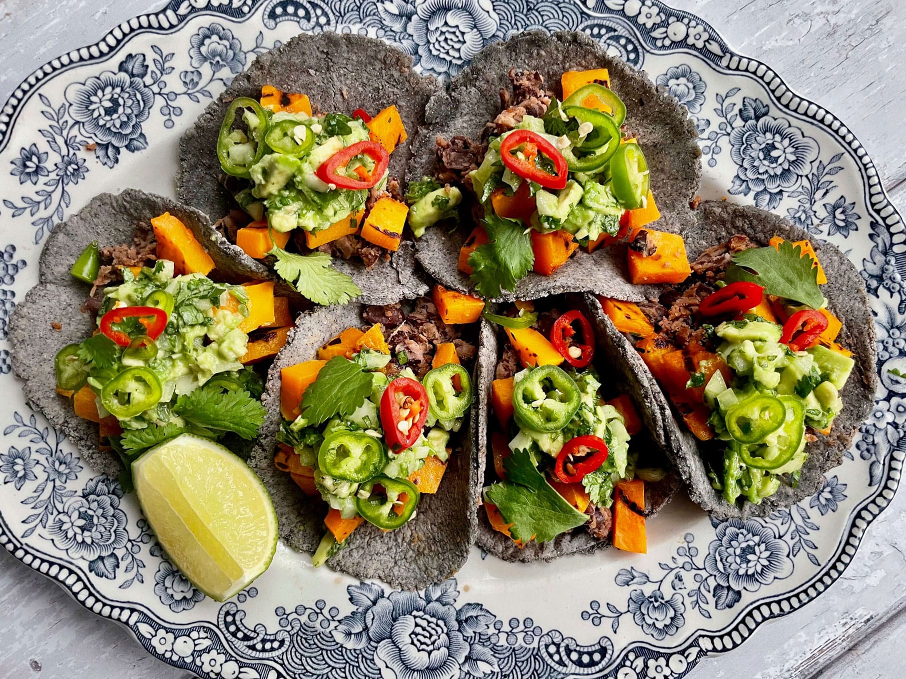 Vegan Black Bean, Charred Butternut Squash and Avocado Salsa Tacos