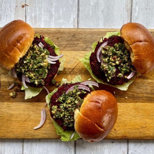 Vegan Beetroot Burger with Hazelnut and Chilli ‘Pesto’