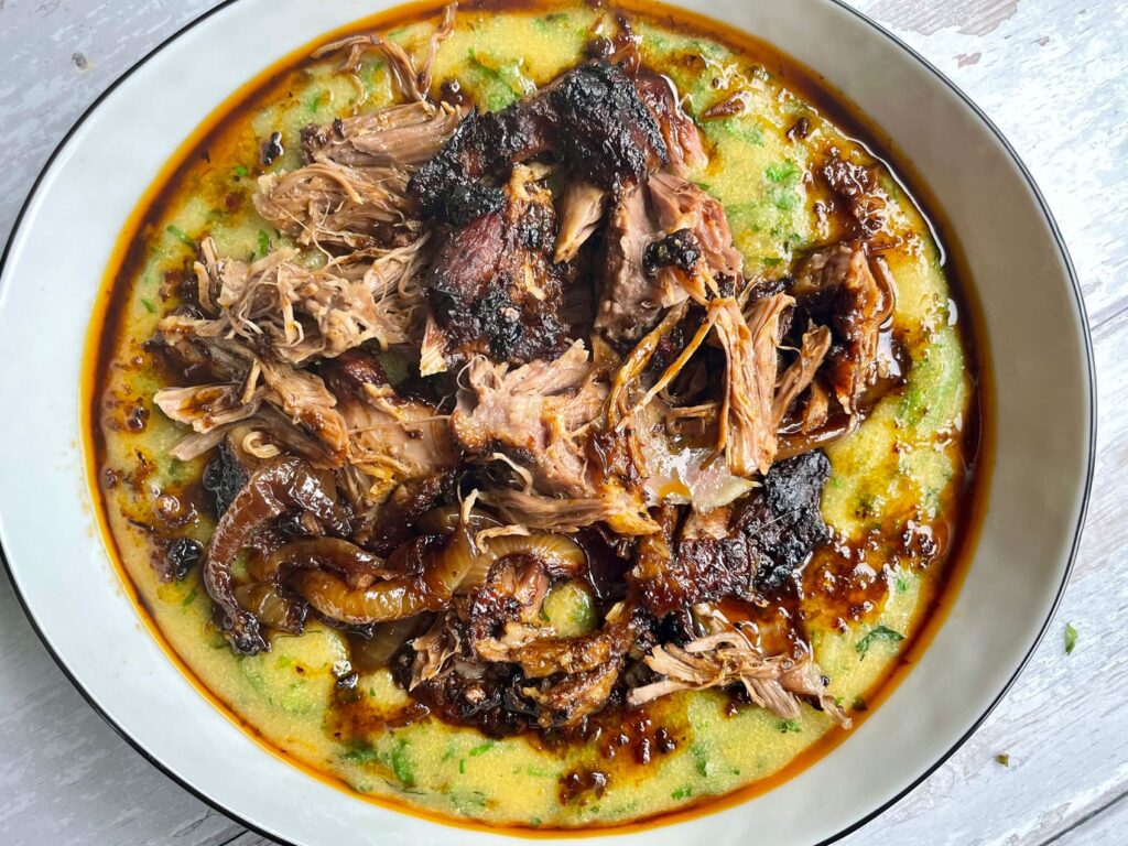 Slowcooked Shoulder of Lamb with Harissa and Green Polenta Outback