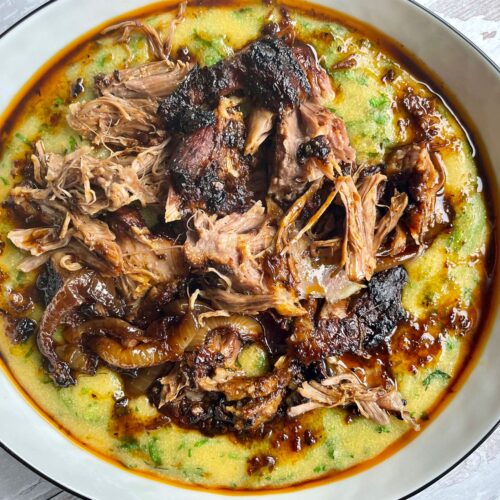 Slow-cooked Shoulder of Lamb with Harissa and Green Polenta