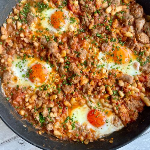 Smoky Curried Breakfast Beans, Eggs and Sausages