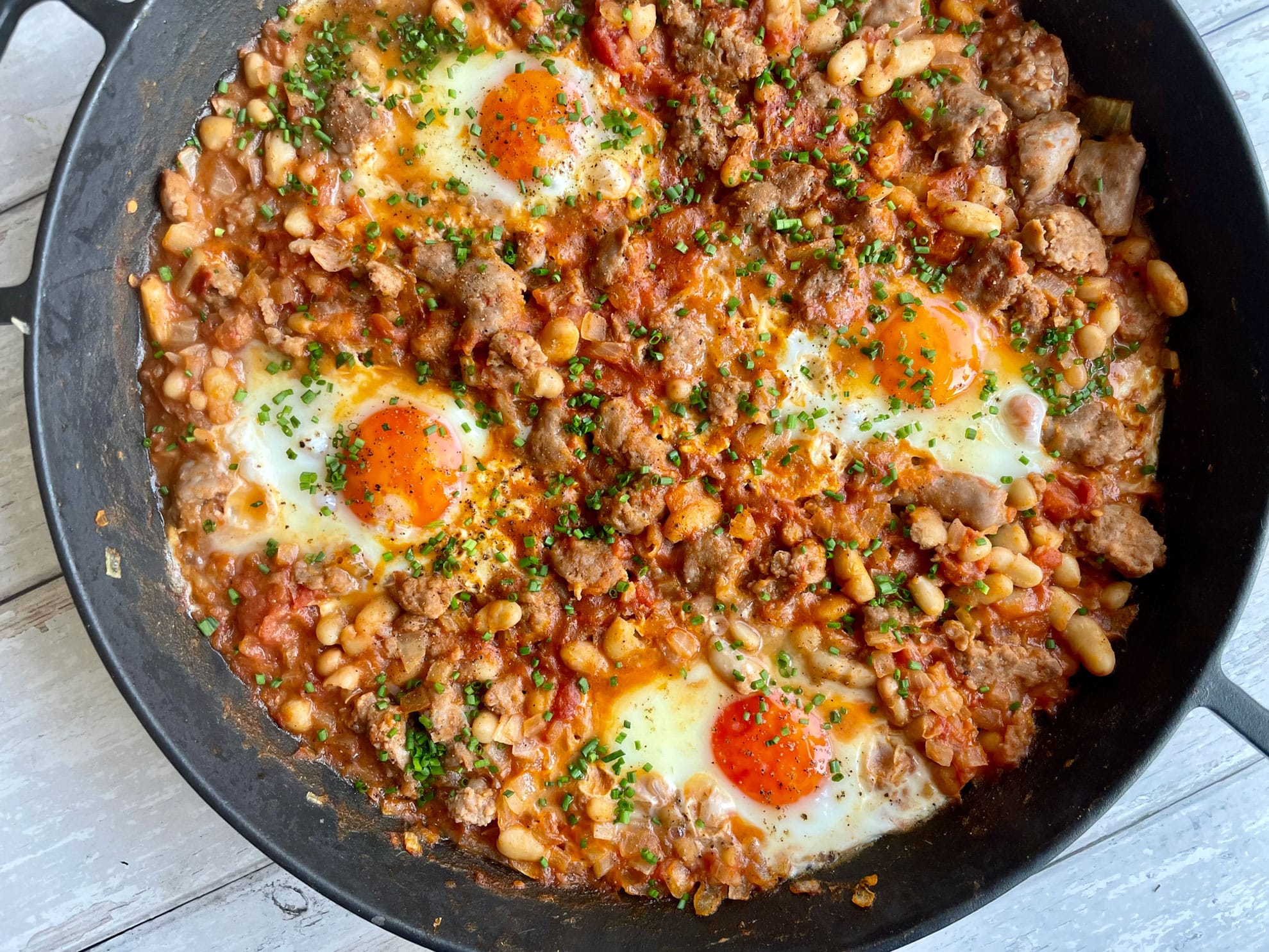 Smoky Curried Breakfast Beans, Eggs and Sausages